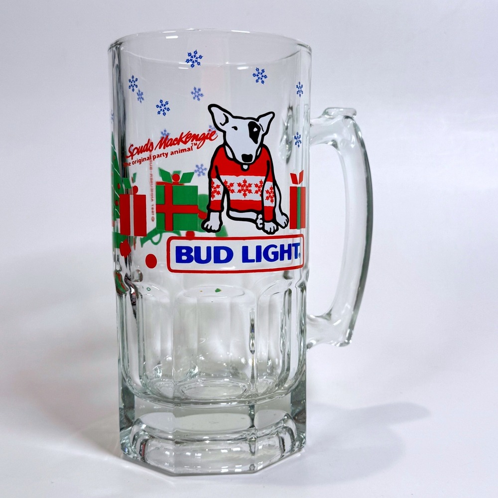 Vintage 1987 Spuds MacKenzie Bud Light Christmas Beer Mug Glass Tankard 8 Inch